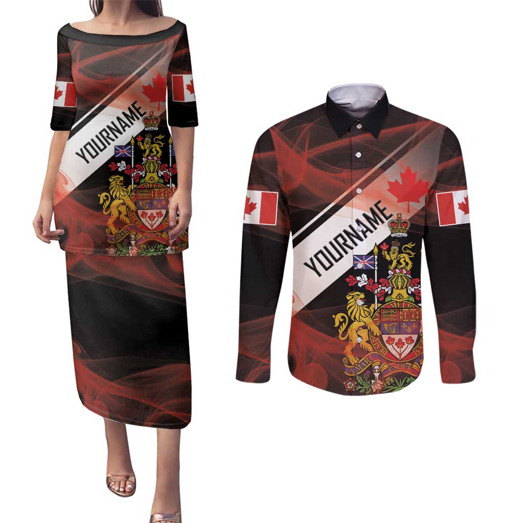 Canada Flag Coat of Arms Couples Matching Puletasi and Long Sleeve Button Shirt Light Wave Abstract Style