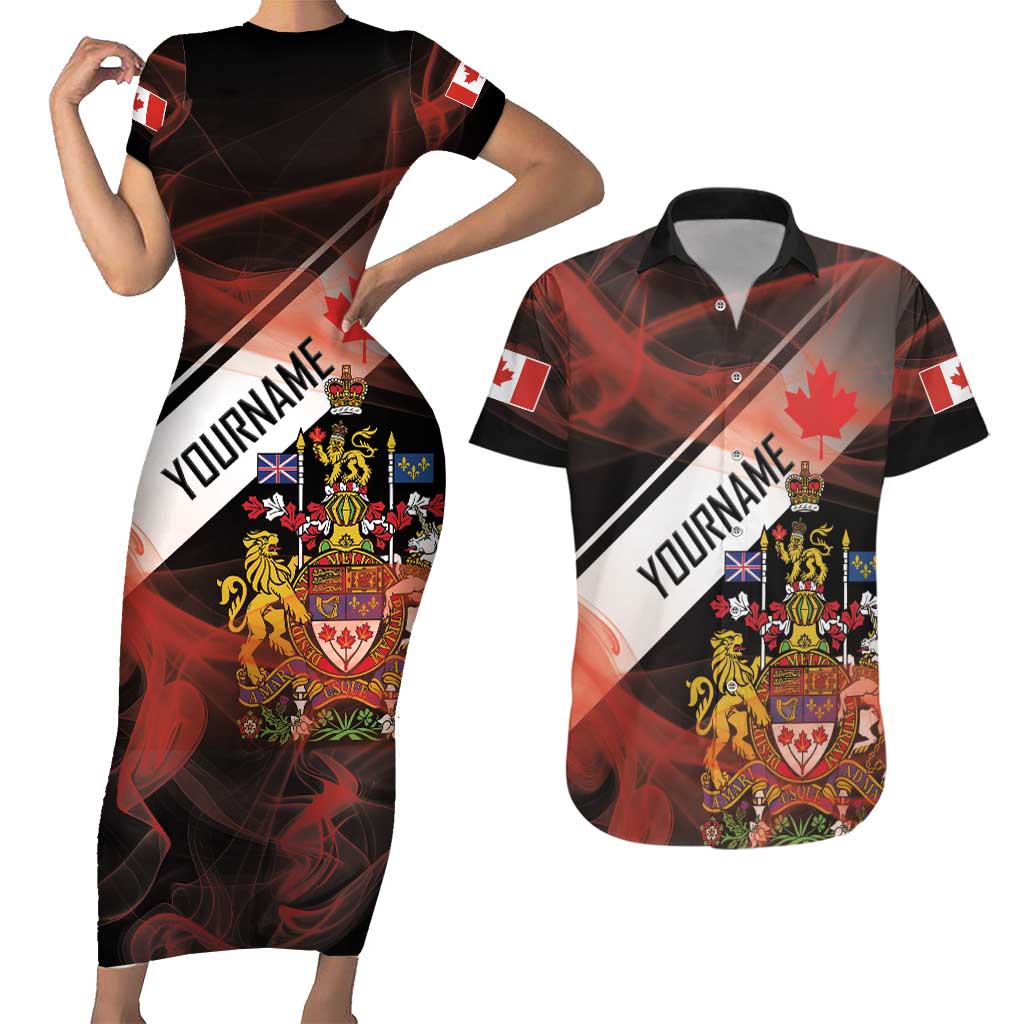 Canada Flag Coat of Arms Couples Matching Short Sleeve Bodycon Dress and Hawaiian Shirt Light Wave Abstract Style