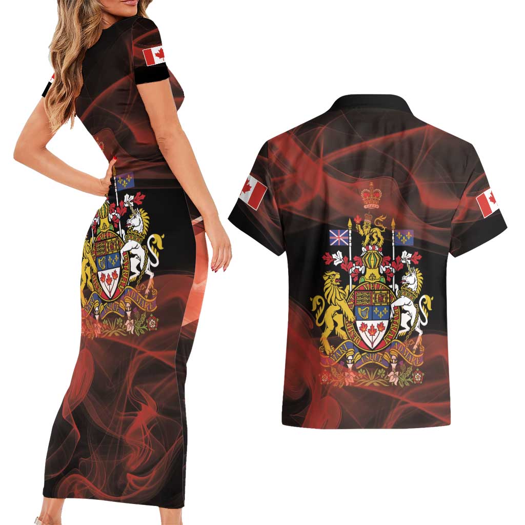 Canada Flag Coat of Arms Couples Matching Short Sleeve Bodycon Dress and Hawaiian Shirt Light Wave Abstract Style