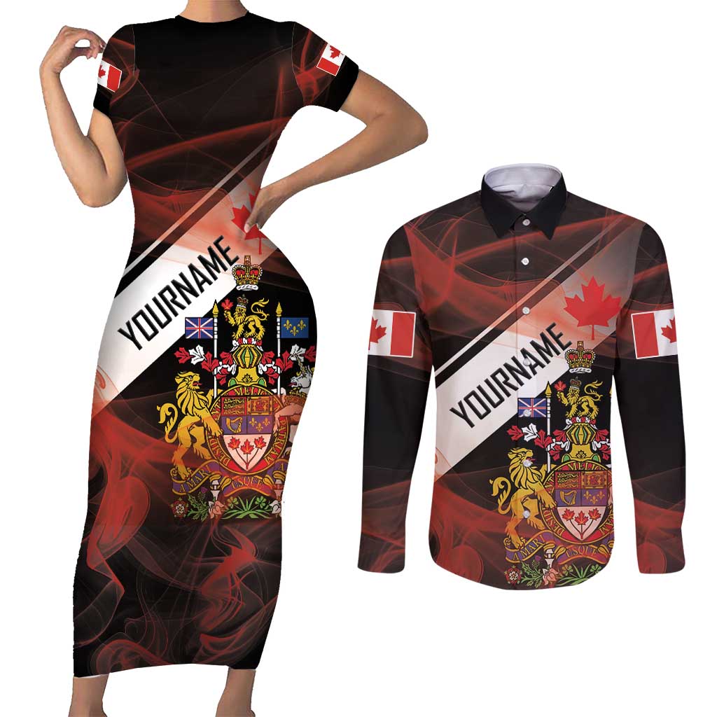 Canada Flag Coat of Arms Couples Matching Short Sleeve Bodycon Dress and Long Sleeve Button Shirt Light Wave Abstract Style