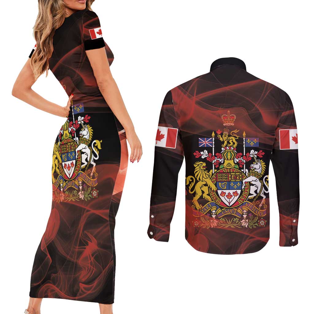 Canada Flag Coat of Arms Couples Matching Short Sleeve Bodycon Dress and Long Sleeve Button Shirt Light Wave Abstract Style