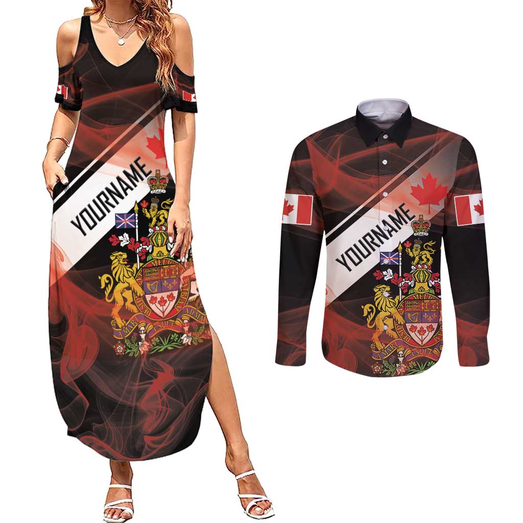 Canada Flag Coat of Arms Couples Matching Summer Maxi Dress and Long Sleeve Button Shirt Light Wave Abstract Style