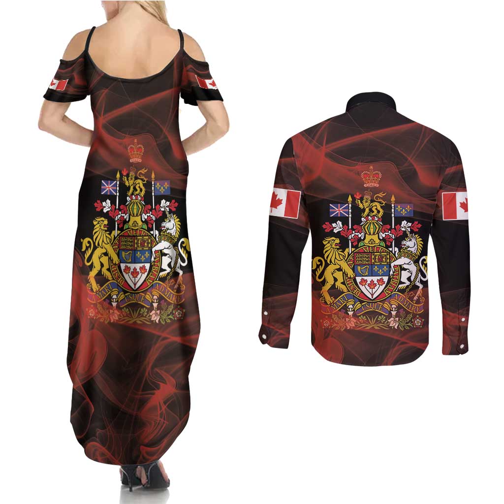 Canada Flag Coat of Arms Couples Matching Summer Maxi Dress and Long Sleeve Button Shirt Light Wave Abstract Style