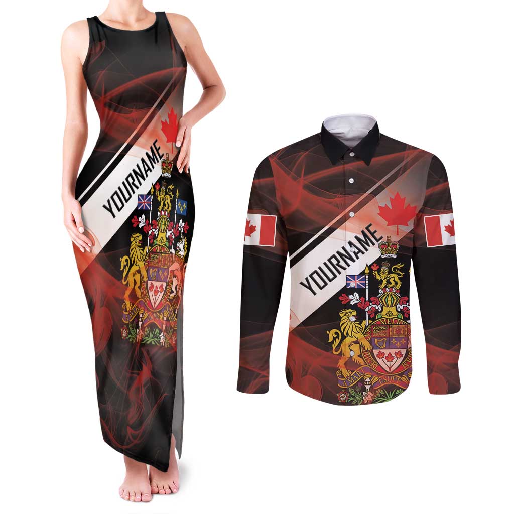 Canada Flag Coat of Arms Couples Matching Tank Maxi Dress and Long Sleeve Button Shirt Light Wave Abstract Style
