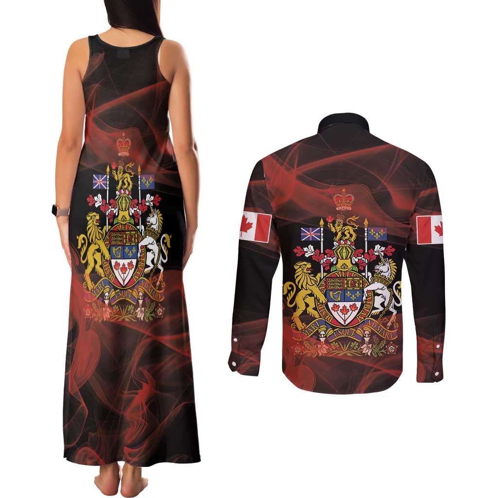 Canada Flag Coat of Arms Couples Matching Tank Maxi Dress and Long Sleeve Button Shirt Light Wave Abstract Style