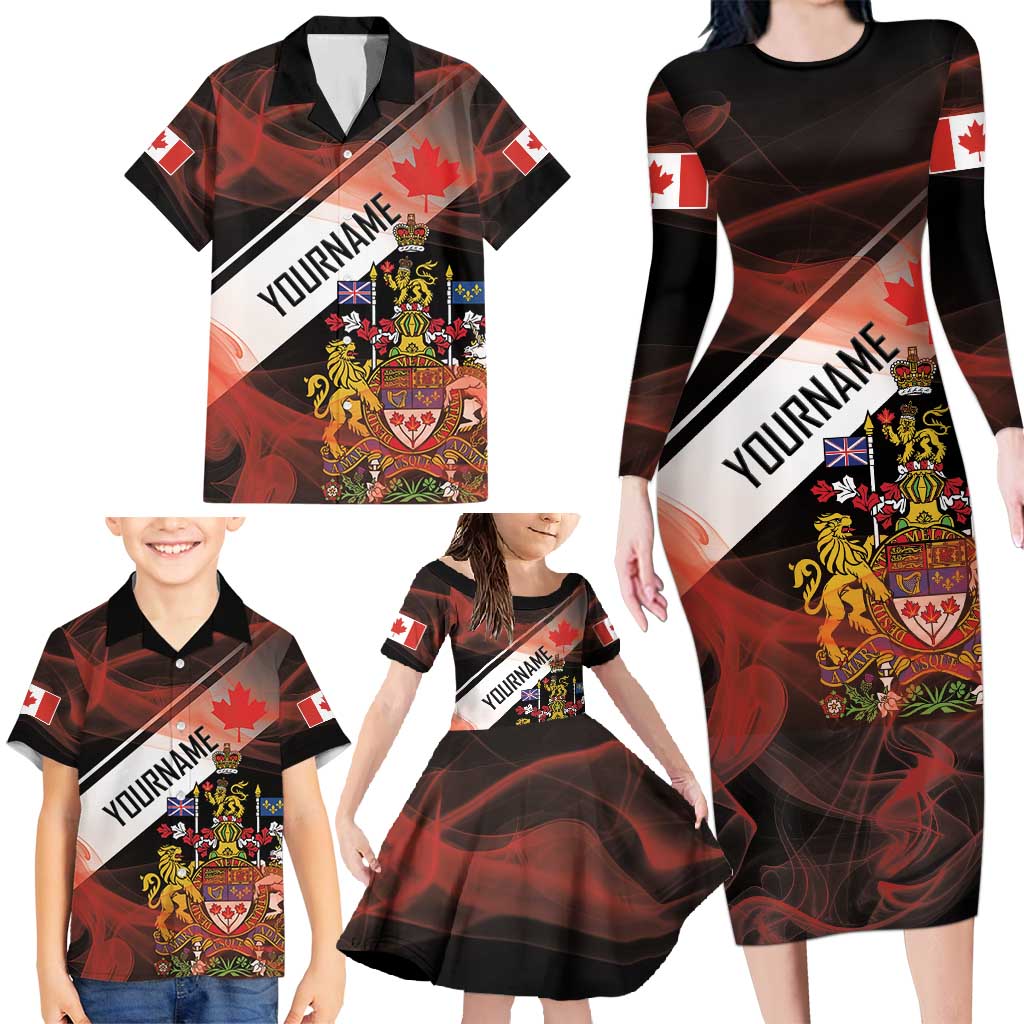 Canada Flag Coat of Arms Family Matching Long Sleeve Bodycon Dress and Hawaiian Shirt Light Wave Abstract Style