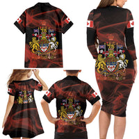 Canada Flag Coat of Arms Family Matching Long Sleeve Bodycon Dress and Hawaiian Shirt Light Wave Abstract Style