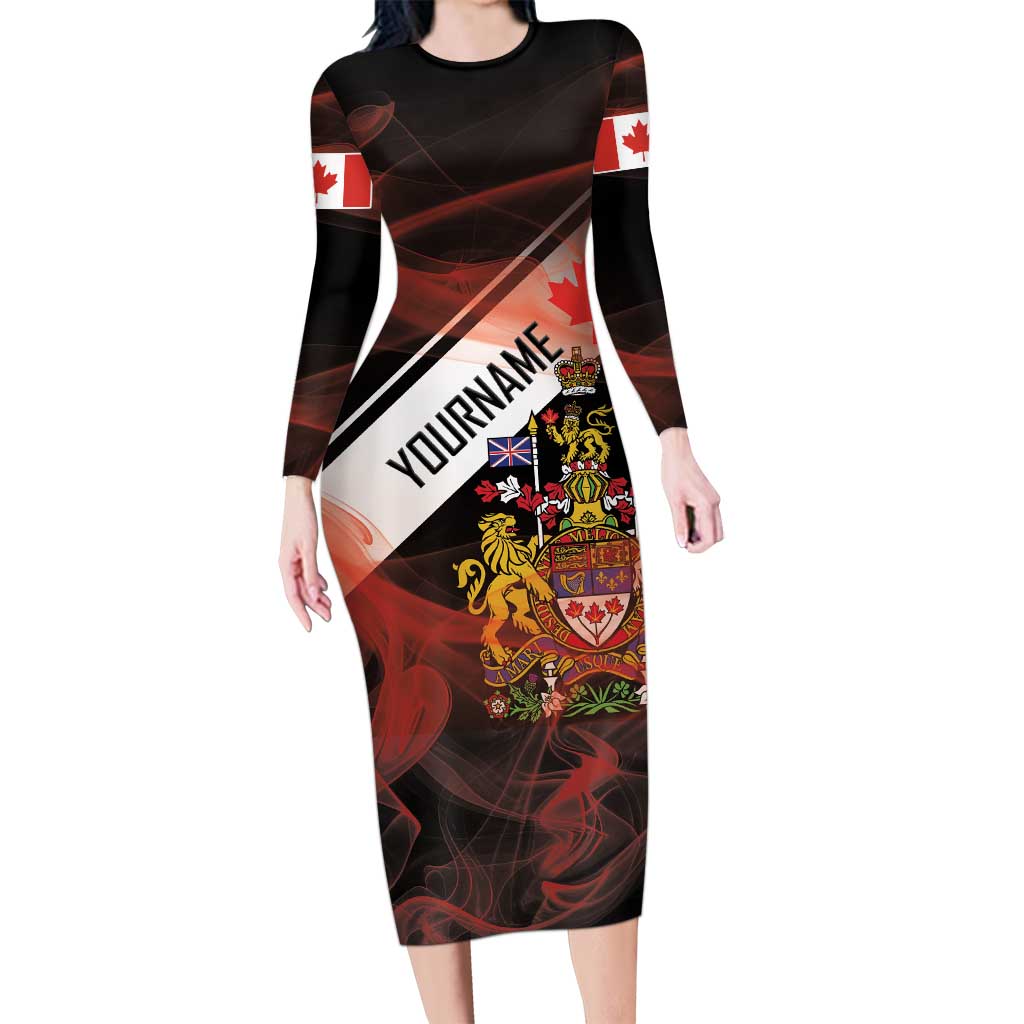 Canada Flag Coat of Arms Family Matching Long Sleeve Bodycon Dress and Hawaiian Shirt Light Wave Abstract Style