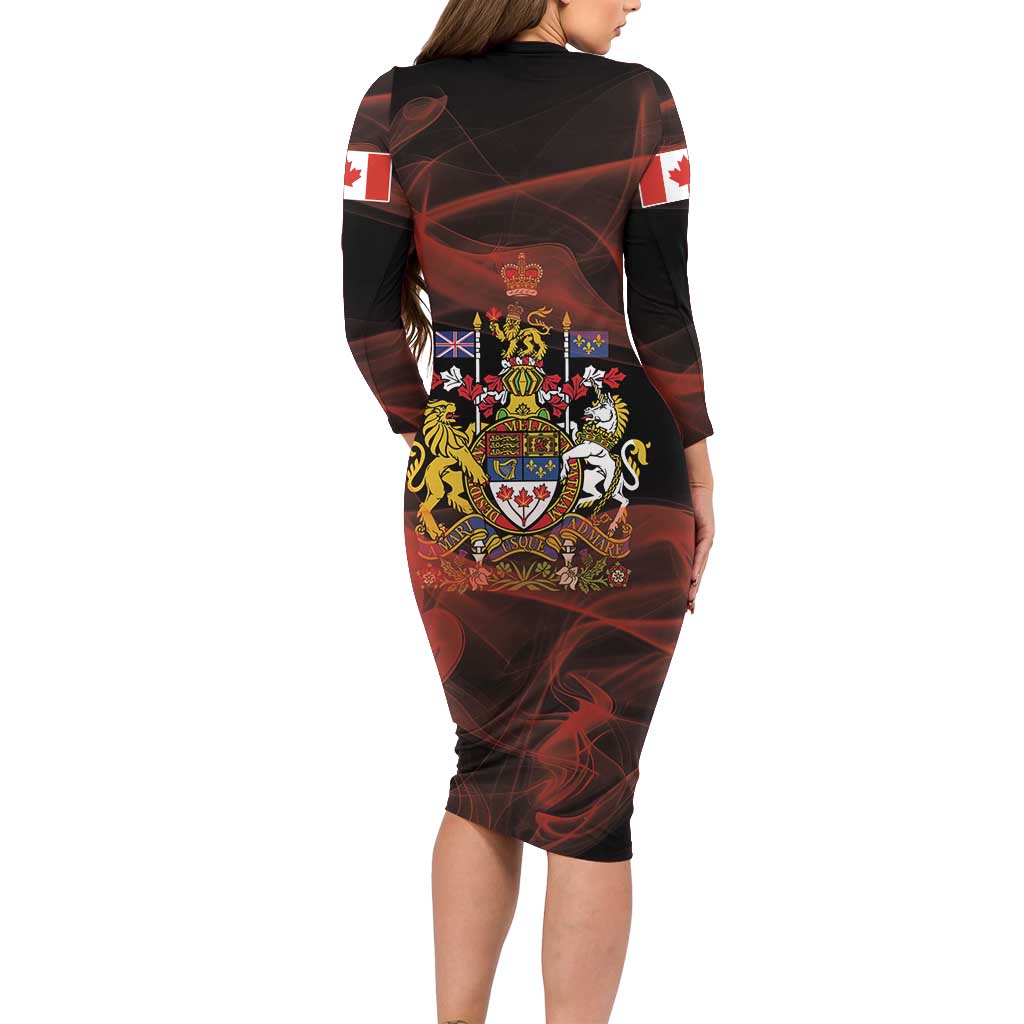 Canada Flag Coat of Arms Family Matching Long Sleeve Bodycon Dress and Hawaiian Shirt Light Wave Abstract Style