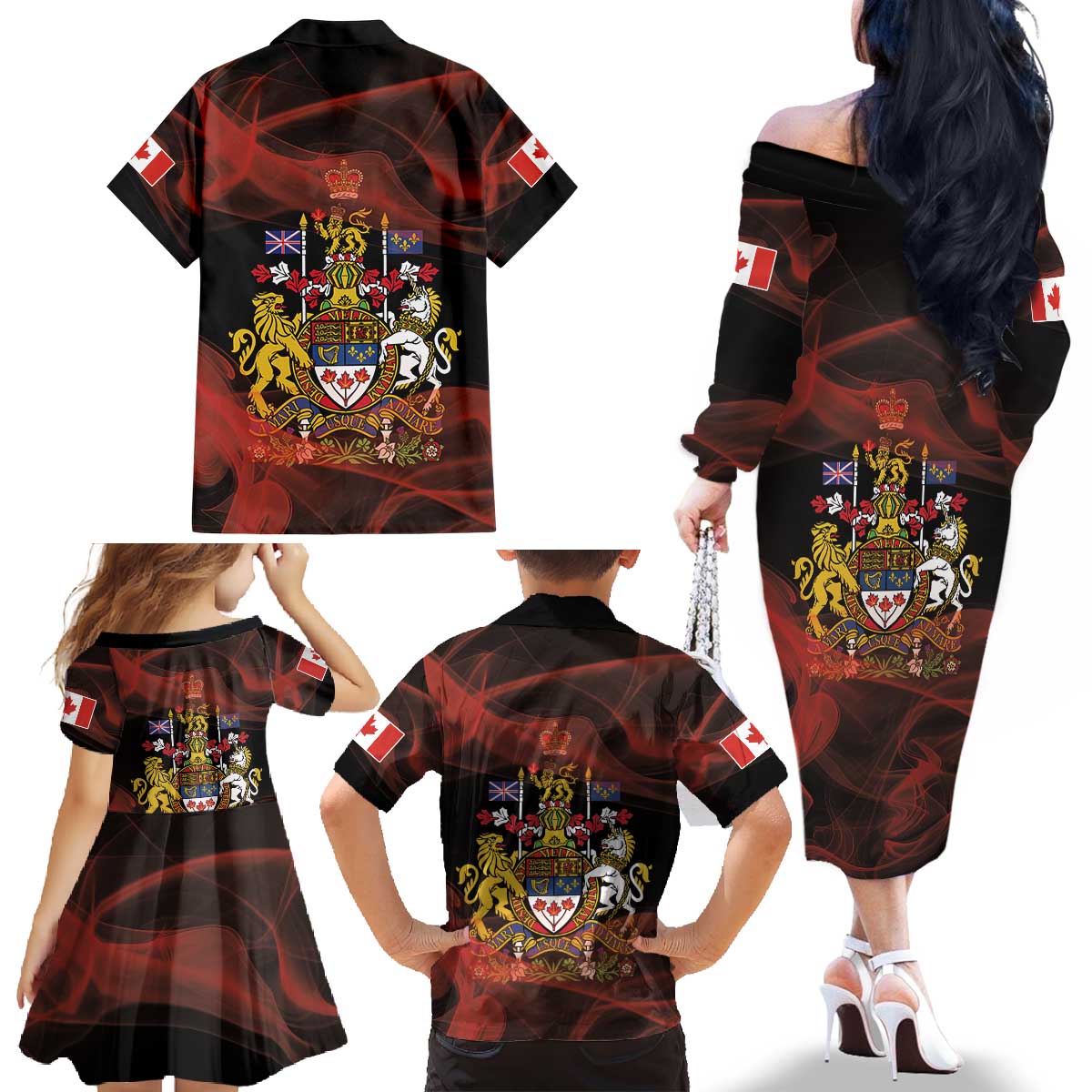Canada Flag Coat of Arms Family Matching Off The Shoulder Long Sleeve Dress and Hawaiian Shirt Light Wave Abstract Style