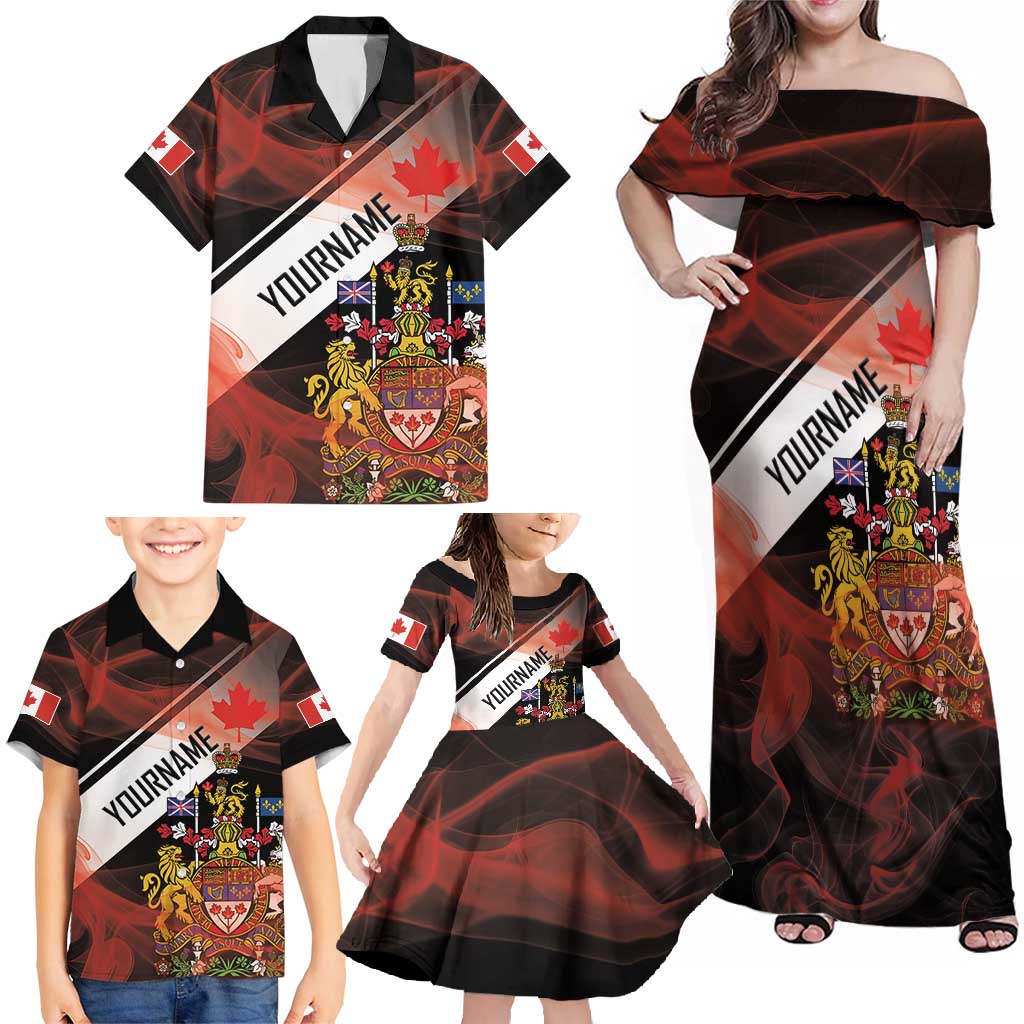Canada Flag Coat of Arms Family Matching Off Shoulder Maxi Dress and Hawaiian Shirt Light Wave Abstract Style