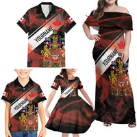 Canada Flag Coat of Arms Family Matching Off Shoulder Maxi Dress and Hawaiian Shirt Light Wave Abstract Style