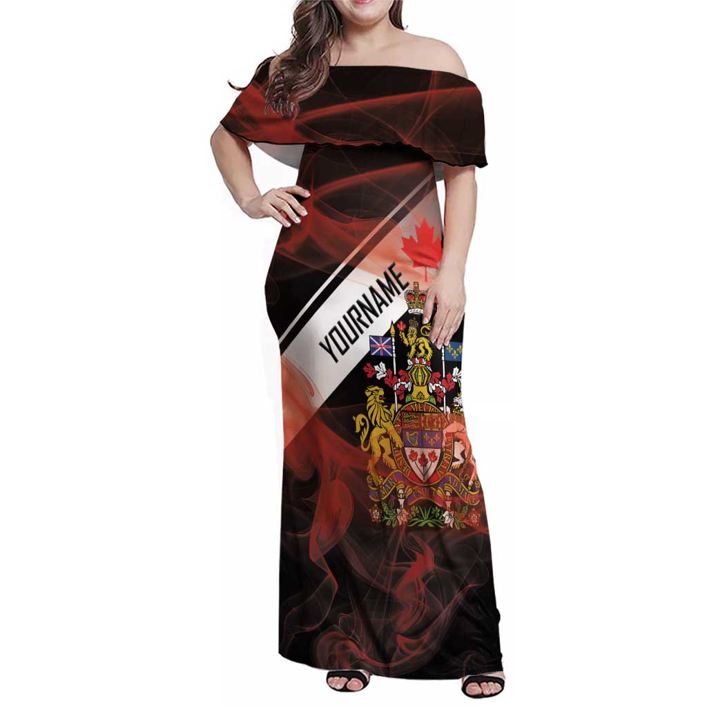 Canada Flag Coat of Arms Family Matching Off Shoulder Maxi Dress and Hawaiian Shirt Light Wave Abstract Style