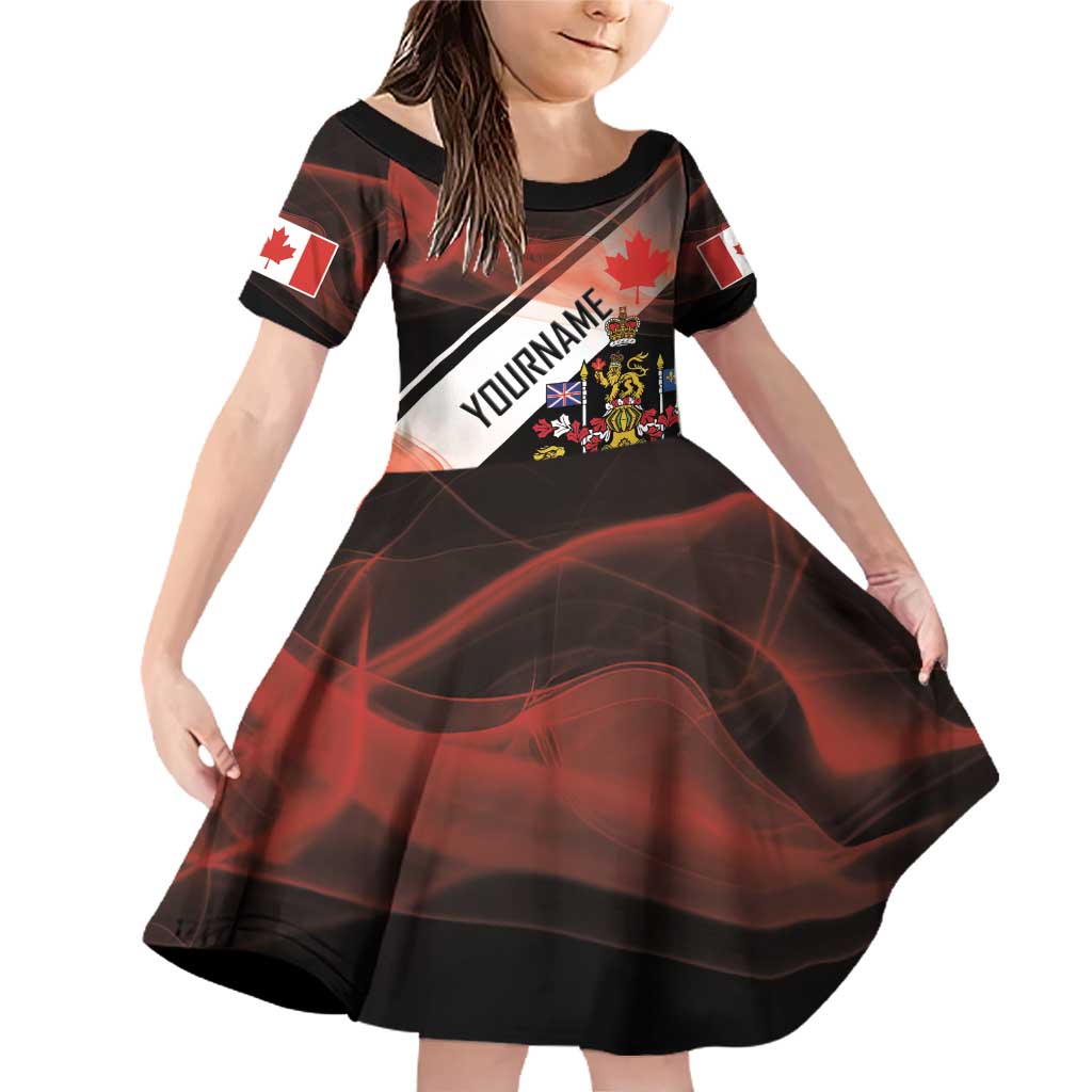 Canada Flag Coat of Arms Family Matching Off Shoulder Short Dress and Hawaiian Shirt Light Wave Abstract Style
