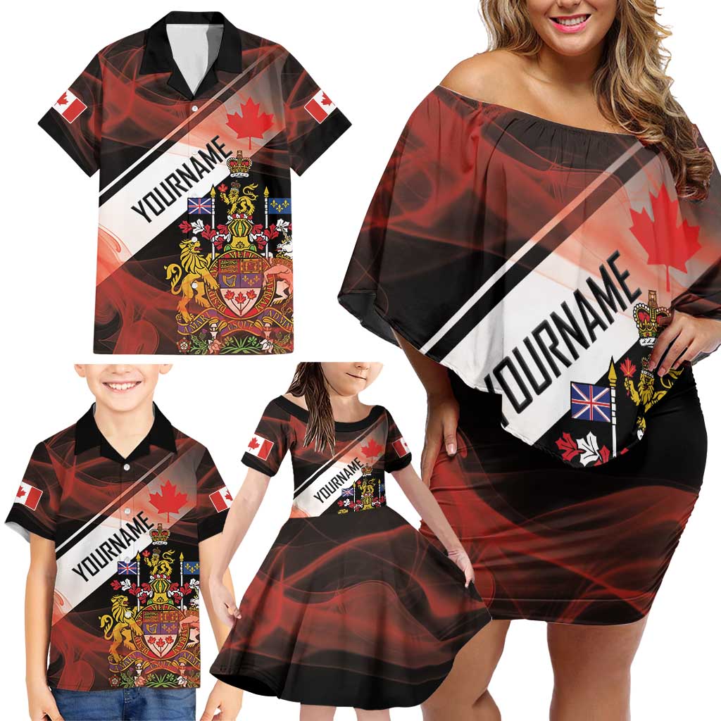 Canada Flag Coat of Arms Family Matching Off Shoulder Short Dress and Hawaiian Shirt Light Wave Abstract Style