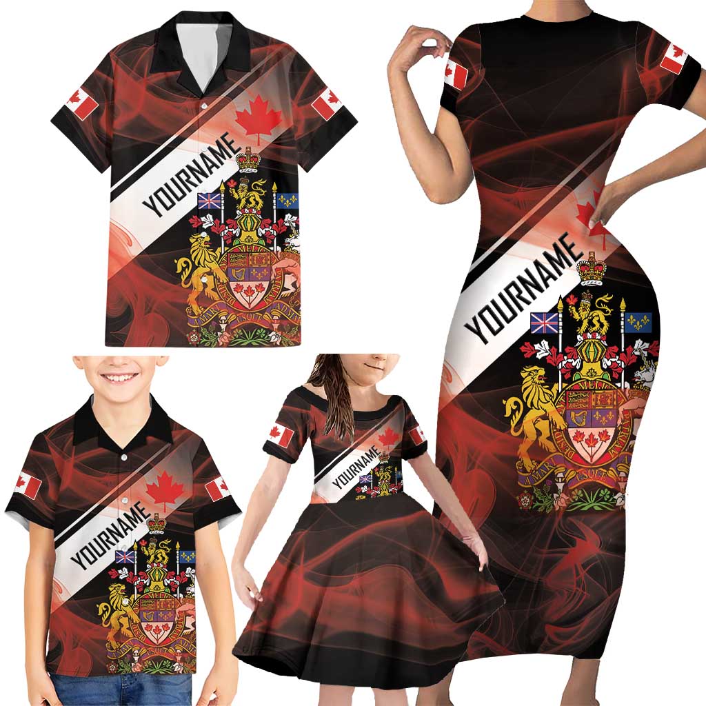 Canada Flag Coat of Arms Family Matching Short Sleeve Bodycon Dress and Hawaiian Shirt Light Wave Abstract Style