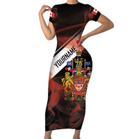 Canada Flag Coat of Arms Family Matching Short Sleeve Bodycon Dress and Hawaiian Shirt Light Wave Abstract Style
