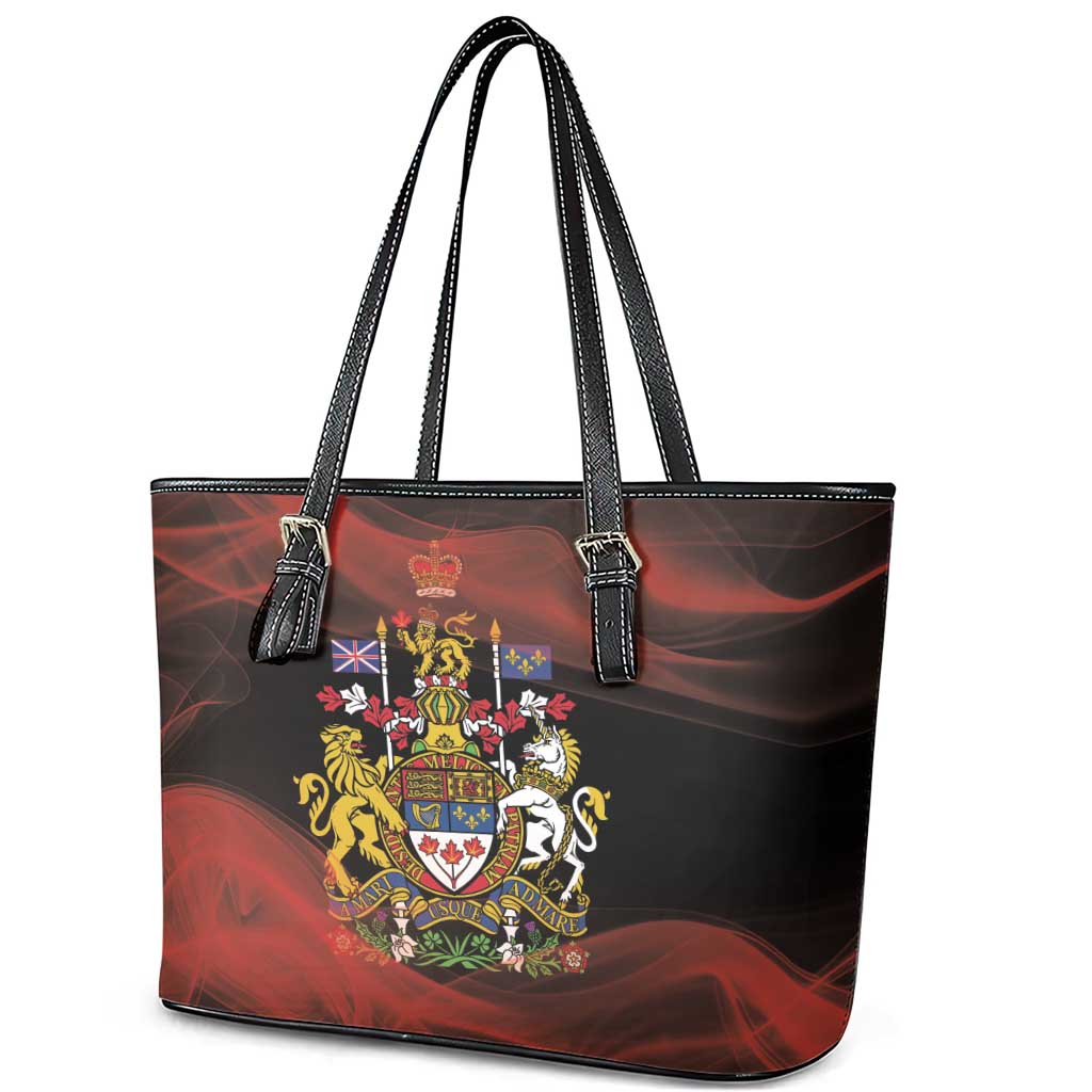Canada Flag Coat of Arms Leather Tote Bag Light Wave Abstract Style