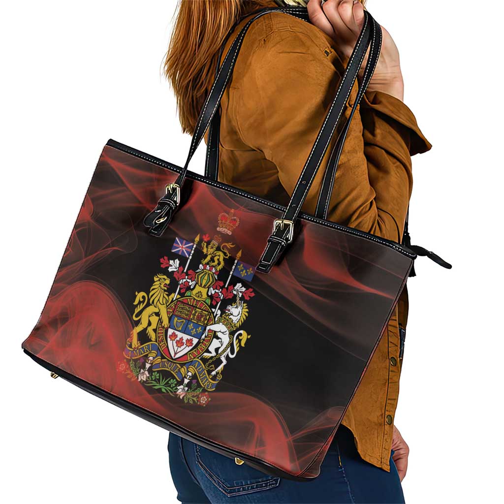 Canada Flag Coat of Arms Leather Tote Bag Light Wave Abstract Style