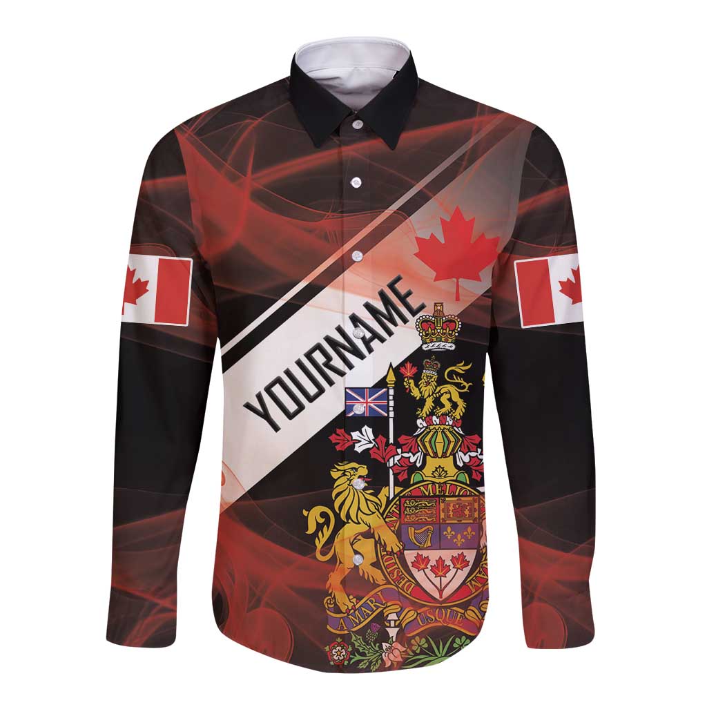 Canada Flag Coat of Arms Long Sleeve Button Shirt Light Wave Abstract Style