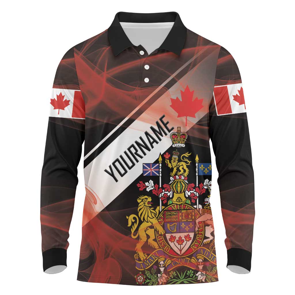 Canada Flag Coat of Arms Long Sleeve Polo Shirt Light Wave Abstract Style