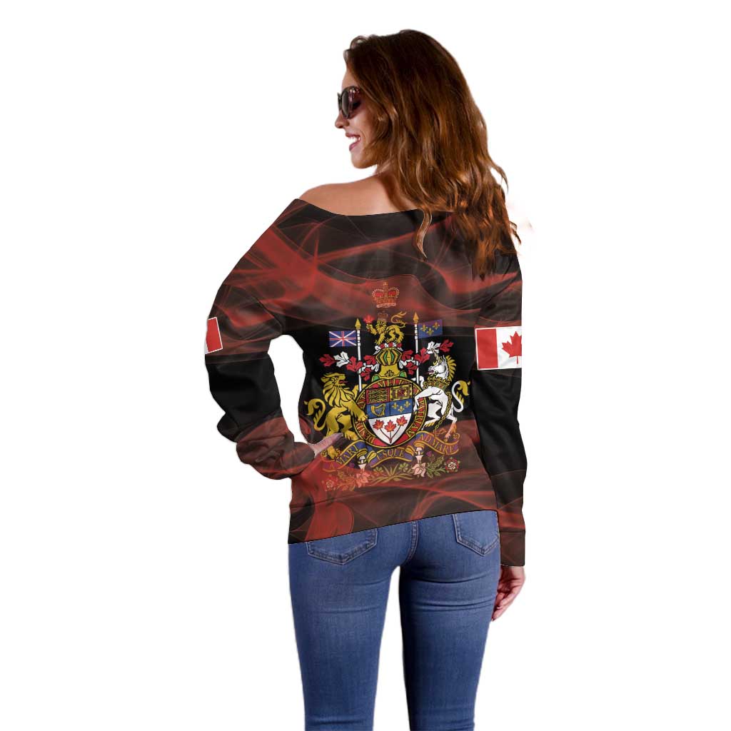 Canada Flag Coat of Arms Off Shoulder Sweater Light Wave Abstract Style