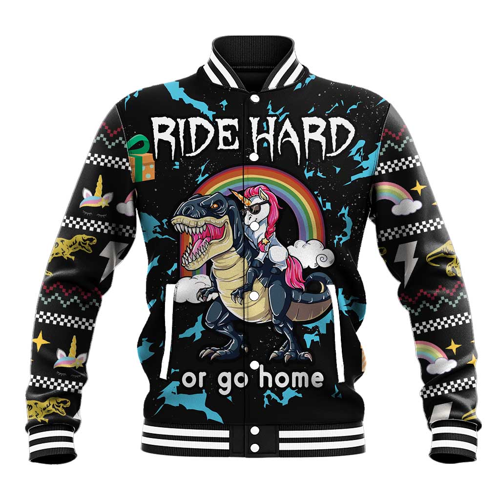 Christmas Dinosaur Unicorn Baseball Jacket Ride Hard or Go Home - Wonder Print Shop