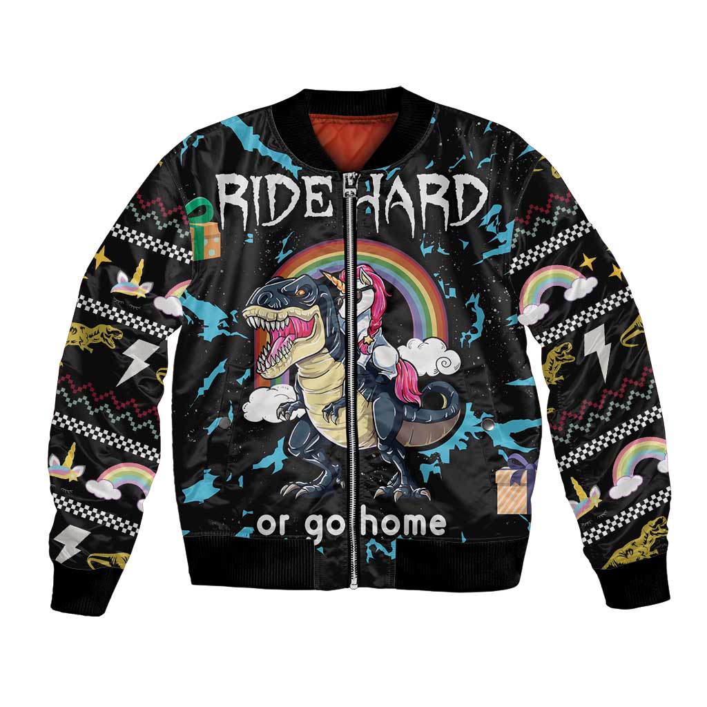 Christmas Dinosaur Unicorn Bomber Jacket Ride Hard or Go Home - Wonder Print Shop