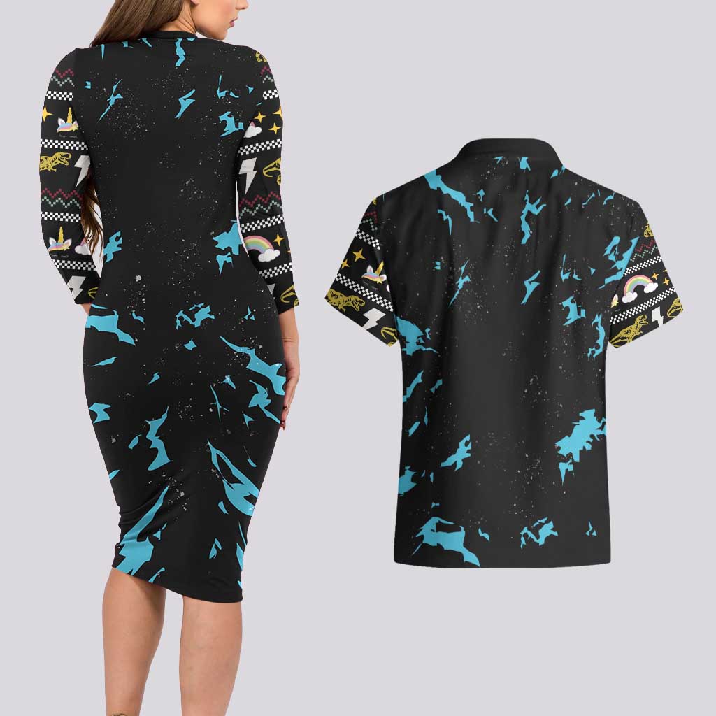Christmas Dinosaur Unicorn Couples Matching Long Sleeve Bodycon Dress and Hawaiian Shirt Ride Hard or Go Home - Wonder Print Shop