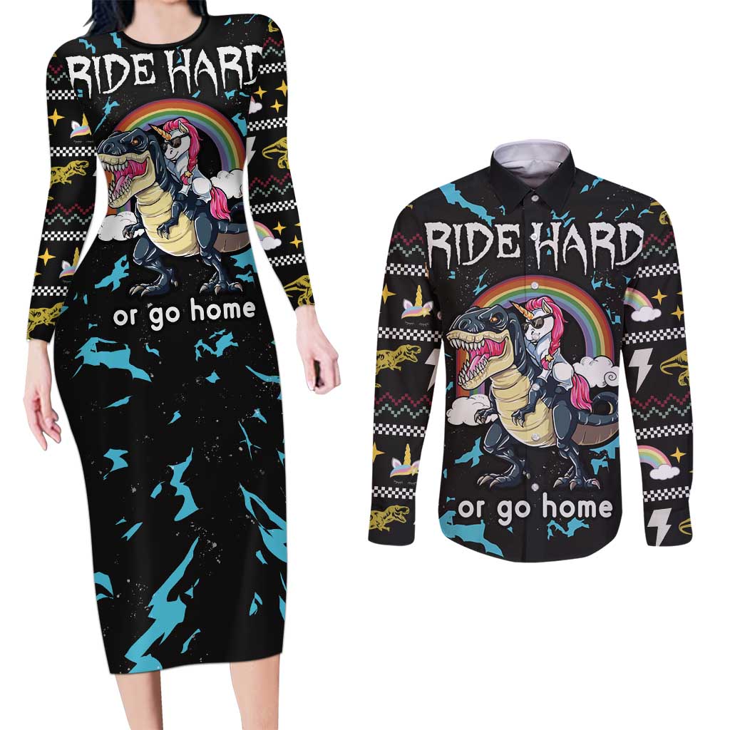 Christmas Dinosaur Unicorn Couples Matching Long Sleeve Bodycon Dress and Long Sleeve Button Shirt Ride Hard or Go Home - Wonder Print Shop