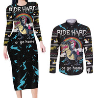 Christmas Dinosaur Unicorn Couples Matching Long Sleeve Bodycon Dress and Long Sleeve Button Shirt Ride Hard or Go Home - Wonder Print Shop