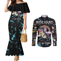 Christmas Dinosaur Unicorn Couples Matching Mermaid Dress and Long Sleeve Button Shirt Ride Hard or Go Home