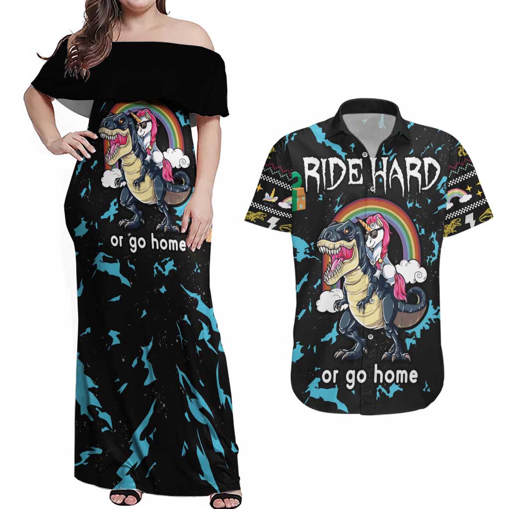 Christmas Dinosaur Unicorn Couples Matching Off Shoulder Maxi Dress and Hawaiian Shirt Ride Hard or Go Home - Wonder Print Shop