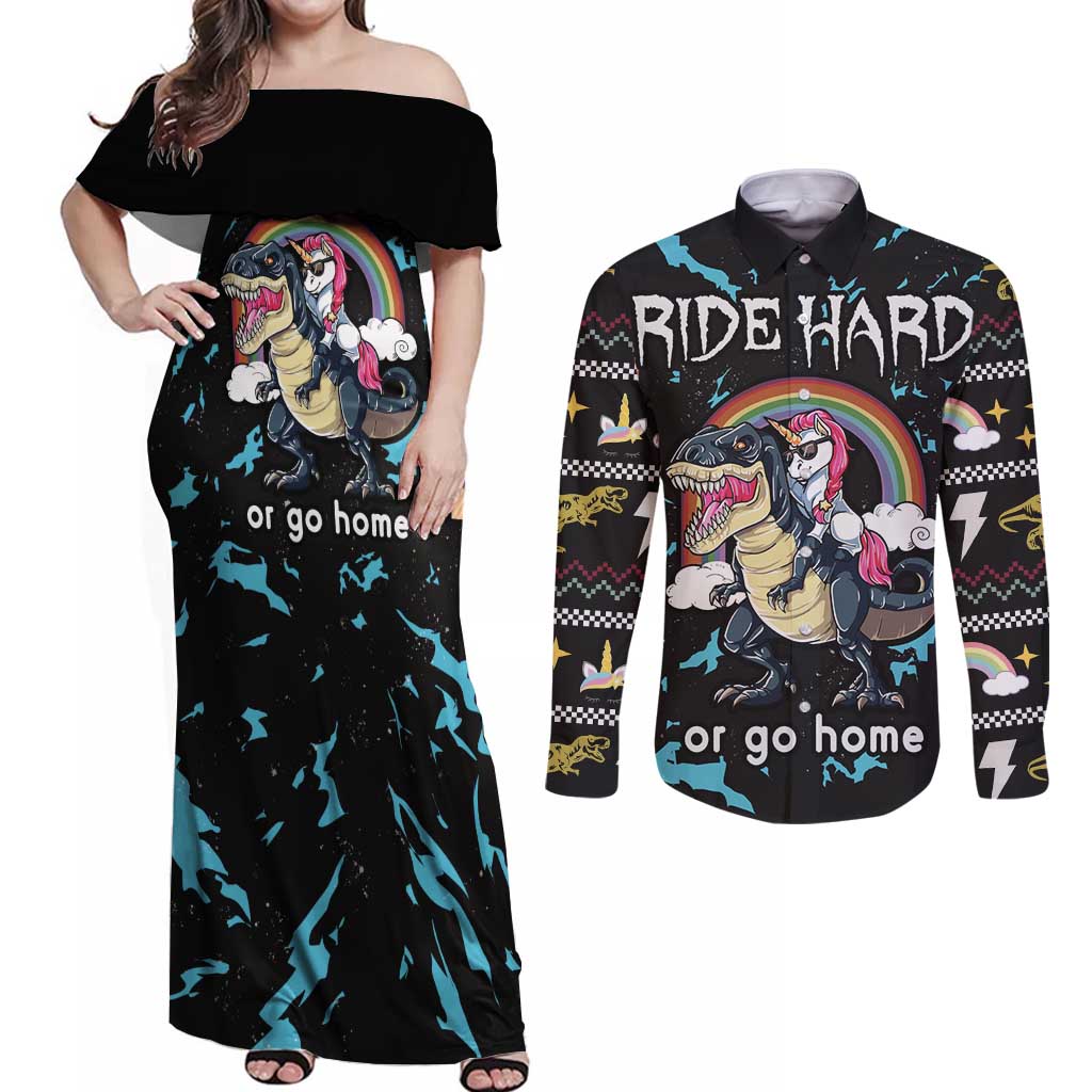 Christmas Dinosaur Unicorn Couples Matching Off Shoulder Maxi Dress and Long Sleeve Button Shirt Ride Hard or Go Home - Wonder Print Shop