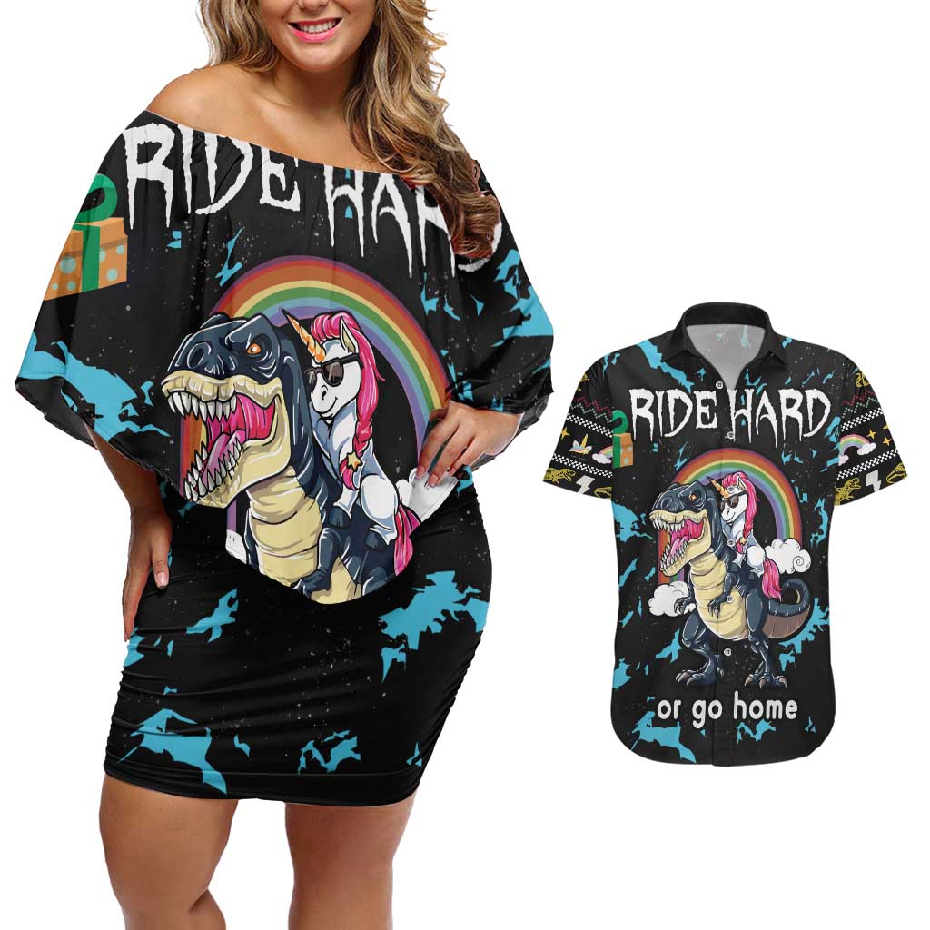 Christmas Dinosaur Unicorn Couples Matching Off Shoulder Short Dress and Hawaiian Shirt Ride Hard or Go Home - Wonder Print Shop