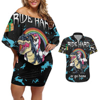 Christmas Dinosaur Unicorn Couples Matching Off Shoulder Short Dress and Hawaiian Shirt Ride Hard or Go Home - Wonder Print Shop