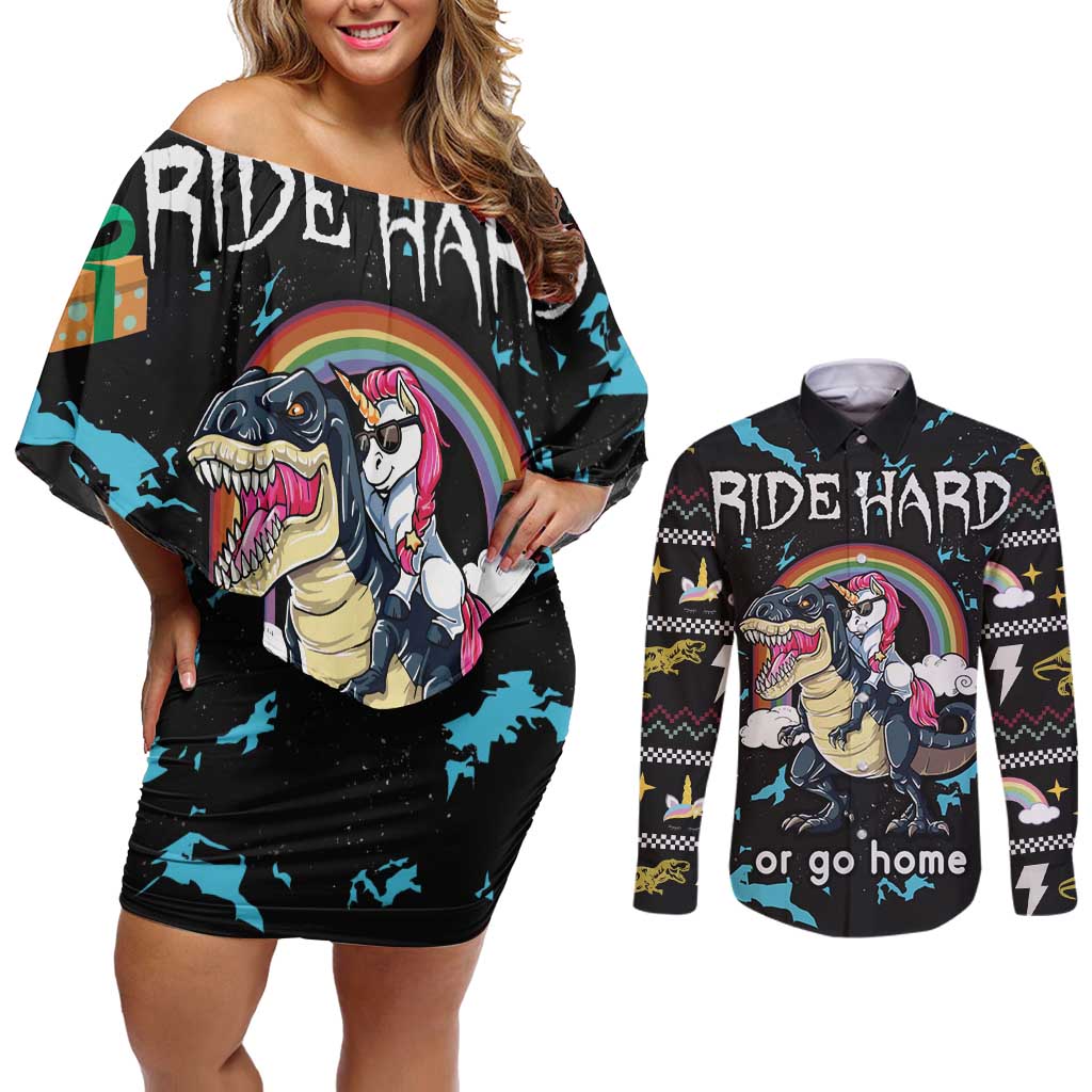 Christmas Dinosaur Unicorn Couples Matching Off Shoulder Short Dress and Long Sleeve Button Shirt Ride Hard or Go Home - Wonder Print Shop