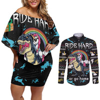 Christmas Dinosaur Unicorn Couples Matching Off Shoulder Short Dress and Long Sleeve Button Shirt Ride Hard or Go Home - Wonder Print Shop