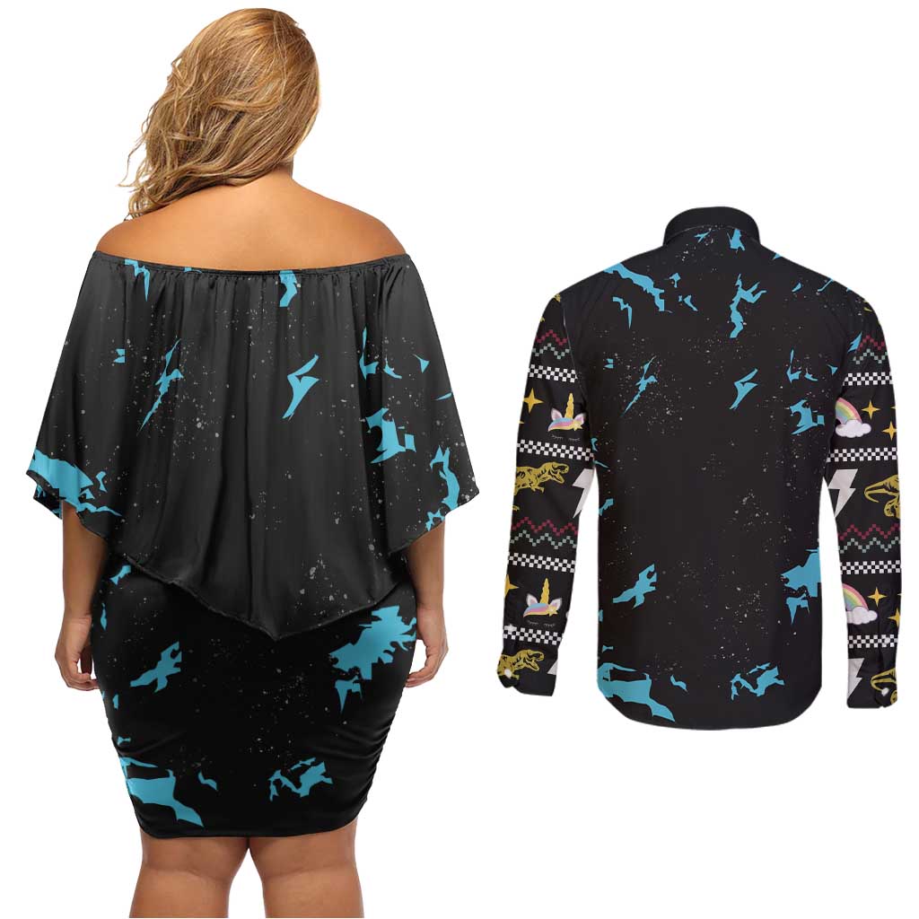 Christmas Dinosaur Unicorn Couples Matching Off Shoulder Short Dress and Long Sleeve Button Shirt Ride Hard or Go Home - Wonder Print Shop