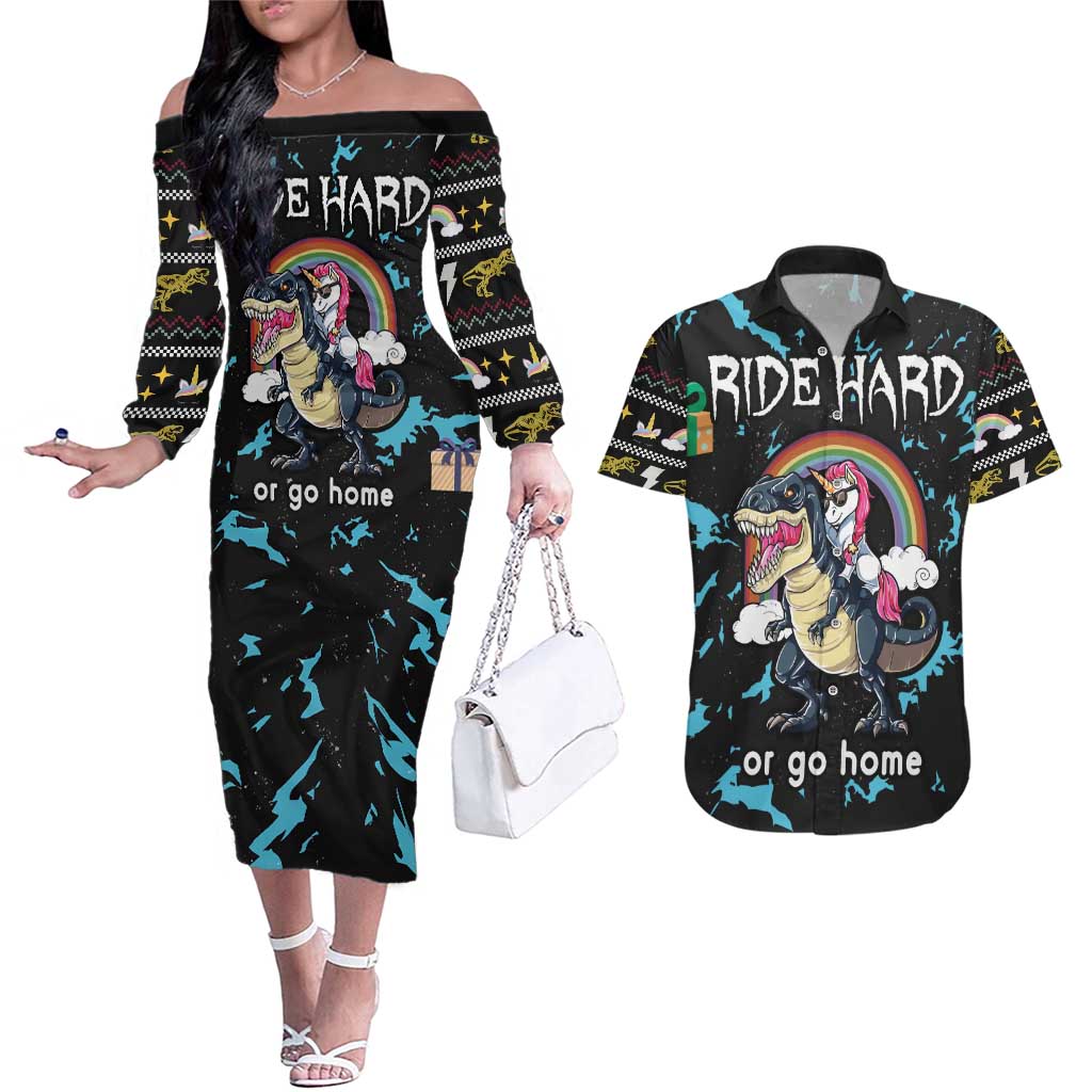 Christmas Dinosaur Unicorn Couples Matching Off The Shoulder Long Sleeve Dress and Hawaiian Shirt Ride Hard or Go Home - Wonder Print Shop