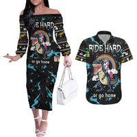 Christmas Dinosaur Unicorn Couples Matching Off The Shoulder Long Sleeve Dress and Hawaiian Shirt Ride Hard or Go Home - Wonder Print Shop