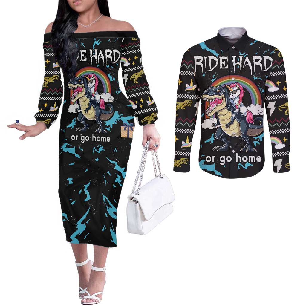 Christmas Dinosaur Unicorn Couples Matching Off The Shoulder Long Sleeve Dress and Long Sleeve Button Shirt Ride Hard or Go Home