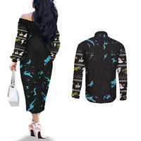 Christmas Dinosaur Unicorn Couples Matching Off The Shoulder Long Sleeve Dress and Long Sleeve Button Shirt Ride Hard or Go Home
