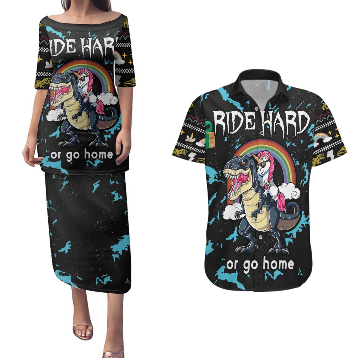 Christmas Dinosaur Unicorn Couples Matching Puletasi and Hawaiian Shirt Ride Hard or Go Home - Wonder Print Shop