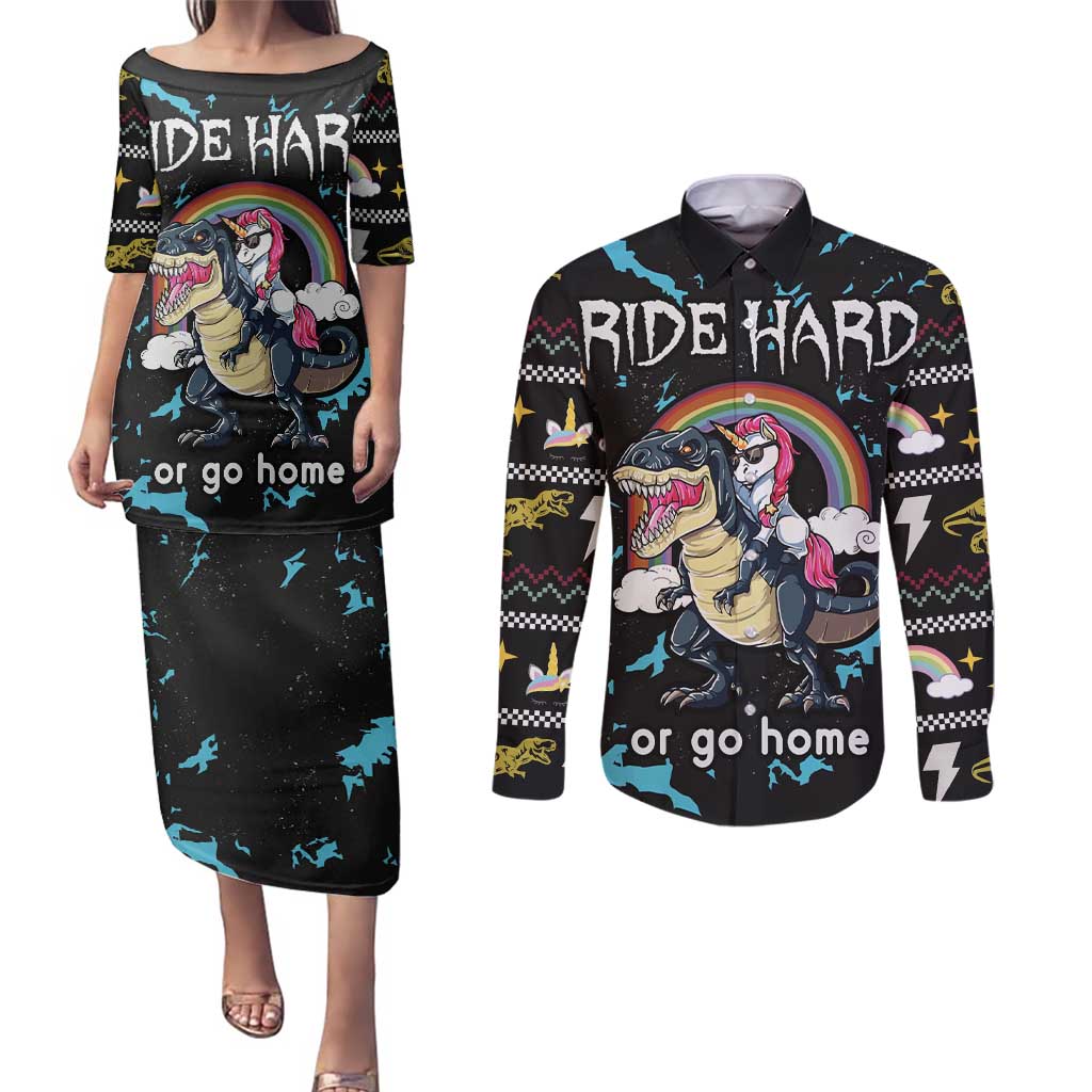 Christmas Dinosaur Unicorn Couples Matching Puletasi and Long Sleeve Button Shirt Ride Hard or Go Home - Wonder Print Shop