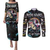 Christmas Dinosaur Unicorn Couples Matching Puletasi and Long Sleeve Button Shirt Ride Hard or Go Home - Wonder Print Shop