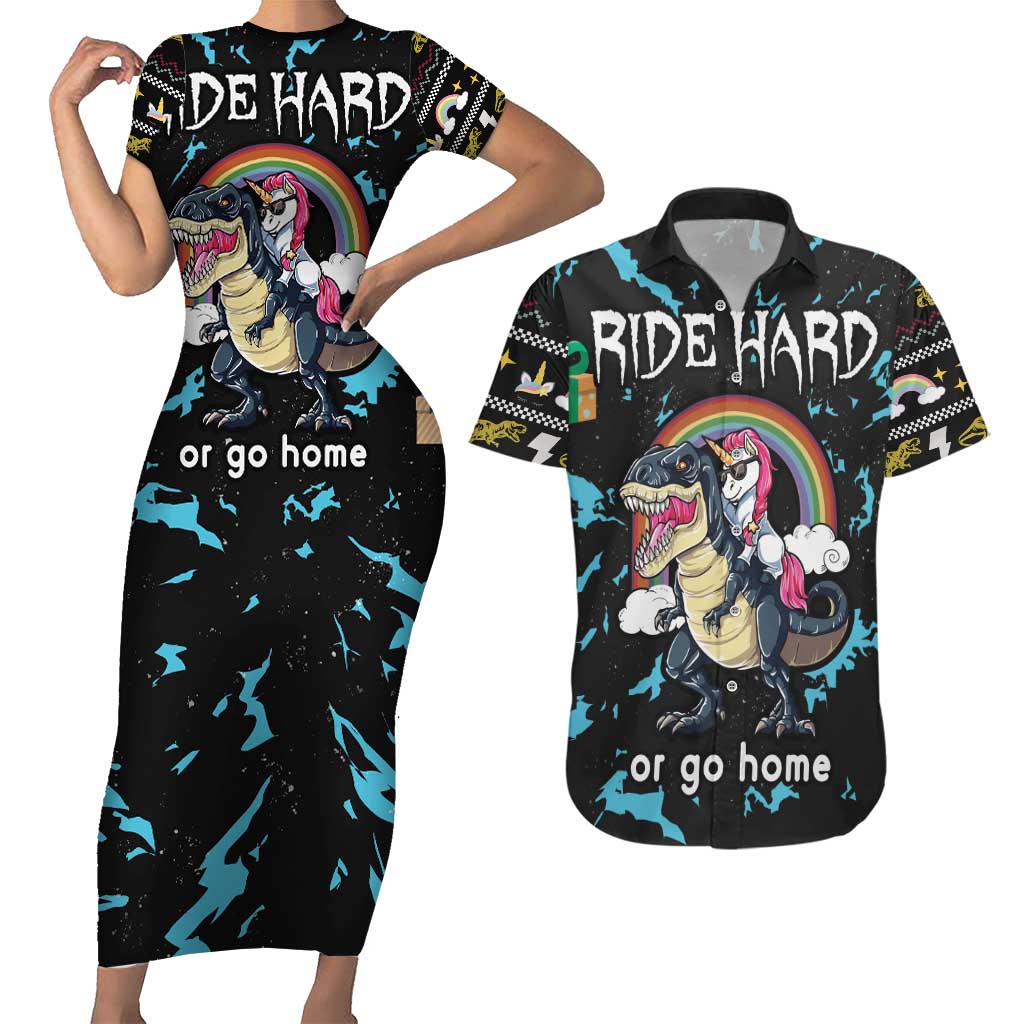 Christmas Dinosaur Unicorn Couples Matching Short Sleeve Bodycon Dress and Hawaiian Shirt Ride Hard or Go Home - Wonder Print Shop