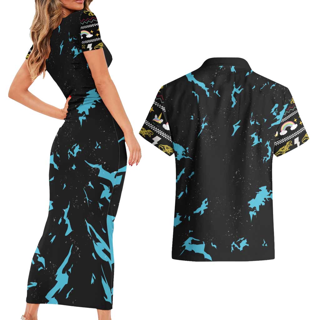 Christmas Dinosaur Unicorn Couples Matching Short Sleeve Bodycon Dress and Hawaiian Shirt Ride Hard or Go Home - Wonder Print Shop