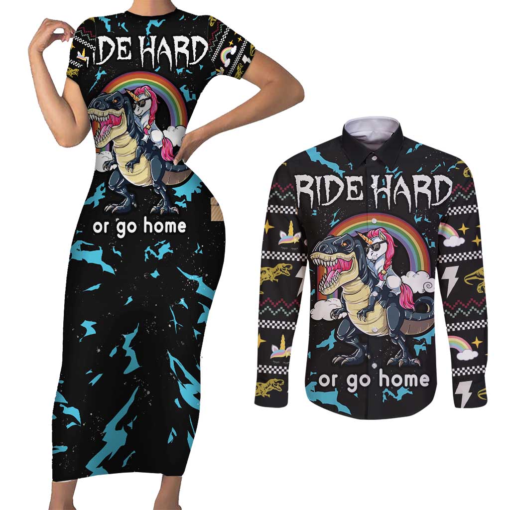 Christmas Dinosaur Unicorn Couples Matching Short Sleeve Bodycon Dress and Long Sleeve Button Shirt Ride Hard or Go Home - Wonder Print Shop