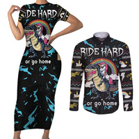 Christmas Dinosaur Unicorn Couples Matching Short Sleeve Bodycon Dress and Long Sleeve Button Shirt Ride Hard or Go Home - Wonder Print Shop